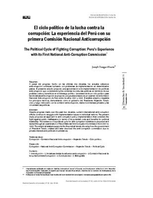 (2019) “El ciclo político de la lucha contra la corrupción: La experiencia del Perú con su primera Comisión Nacional Anticorrupción,” Derecho & Sociedad, No. 52, pp. 81-96.